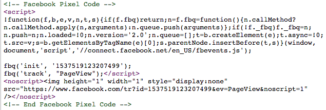 Facebookpixlen lægges ind i din hjemmesides <header> ved hjælp af en kode